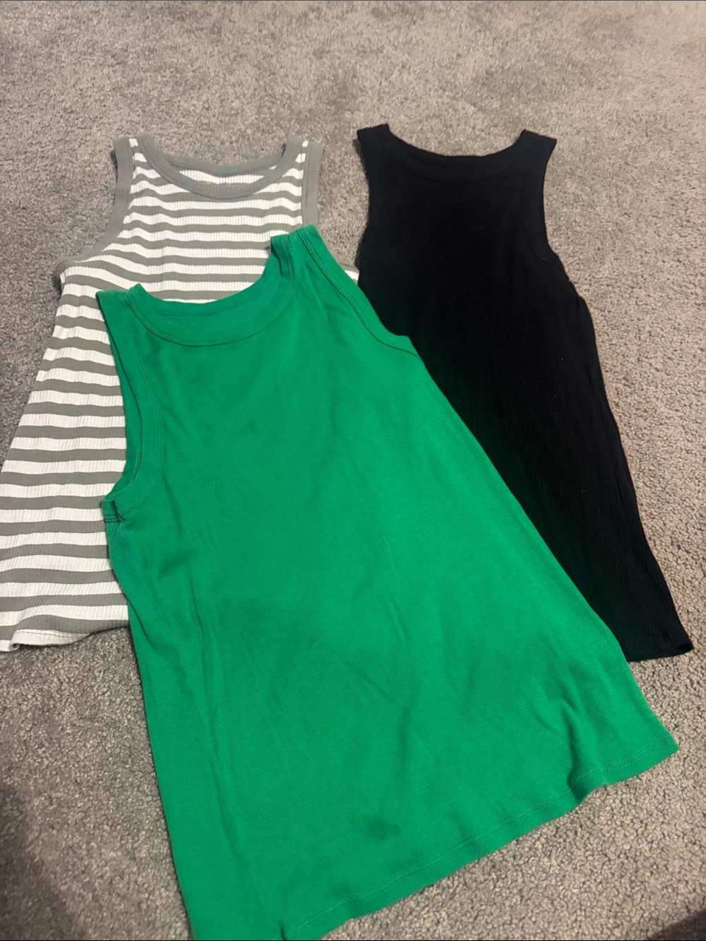 3-Pack Sleeveless Ribbed Tank Tops - Green, Black, Green/White Stripe